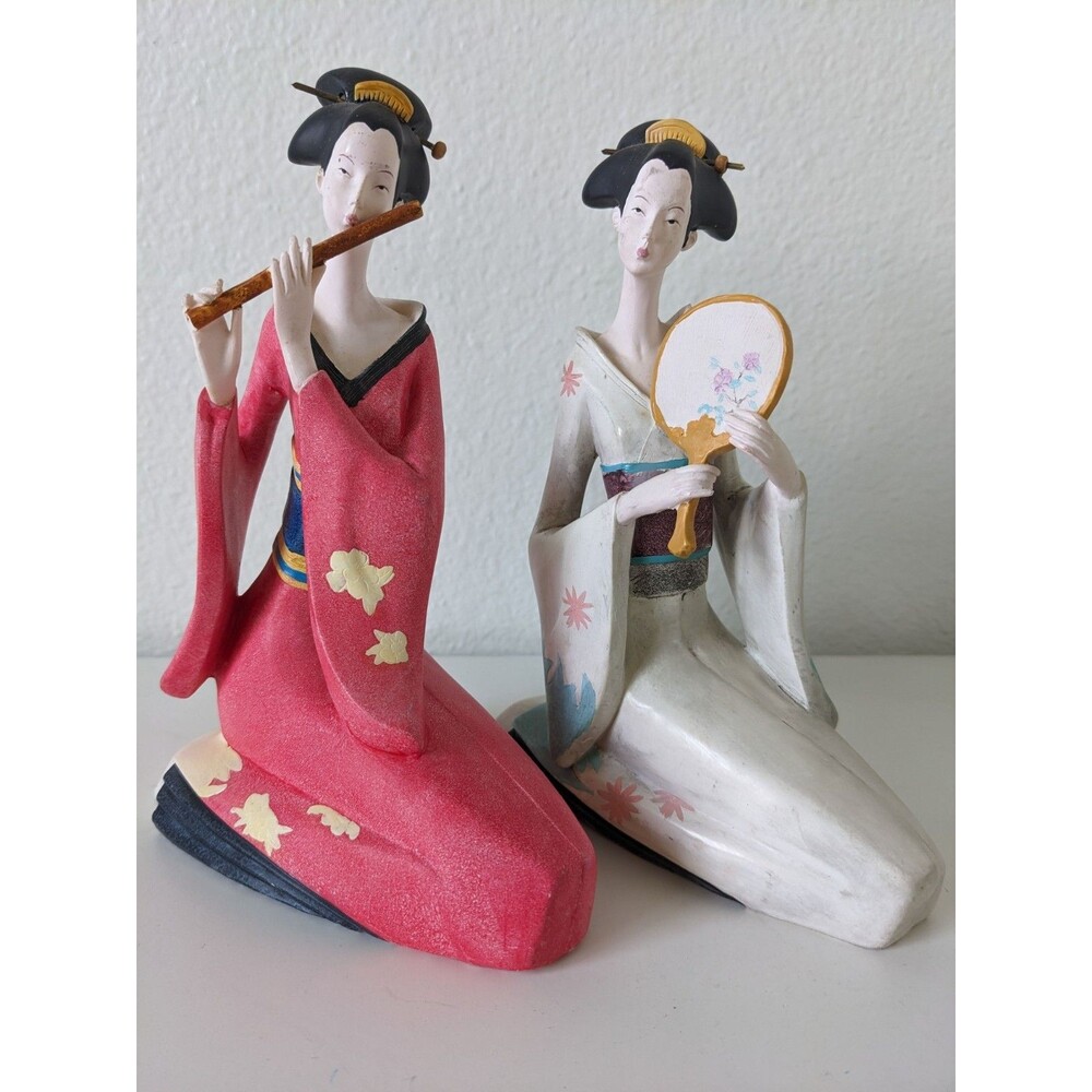 Vintage Geisha Japanese Oriental Ceramic Pottery Doll Figurines Hand Painted Set
